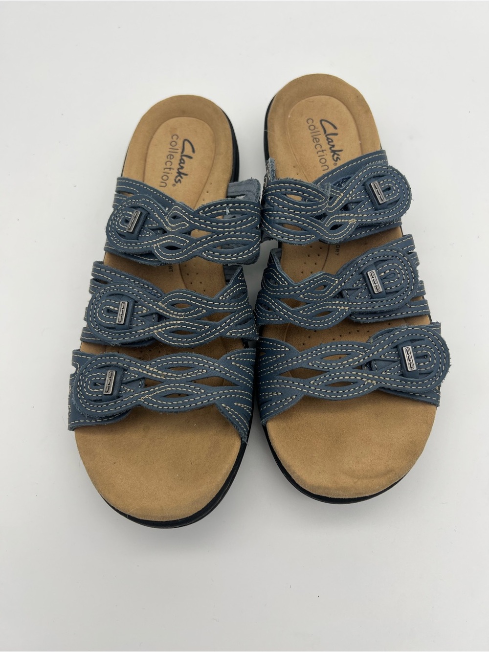 Clarks Blue Leather Laurieann Sandals Womens Size 8 Slip On Slides Bohemian - Picture 4 of 7